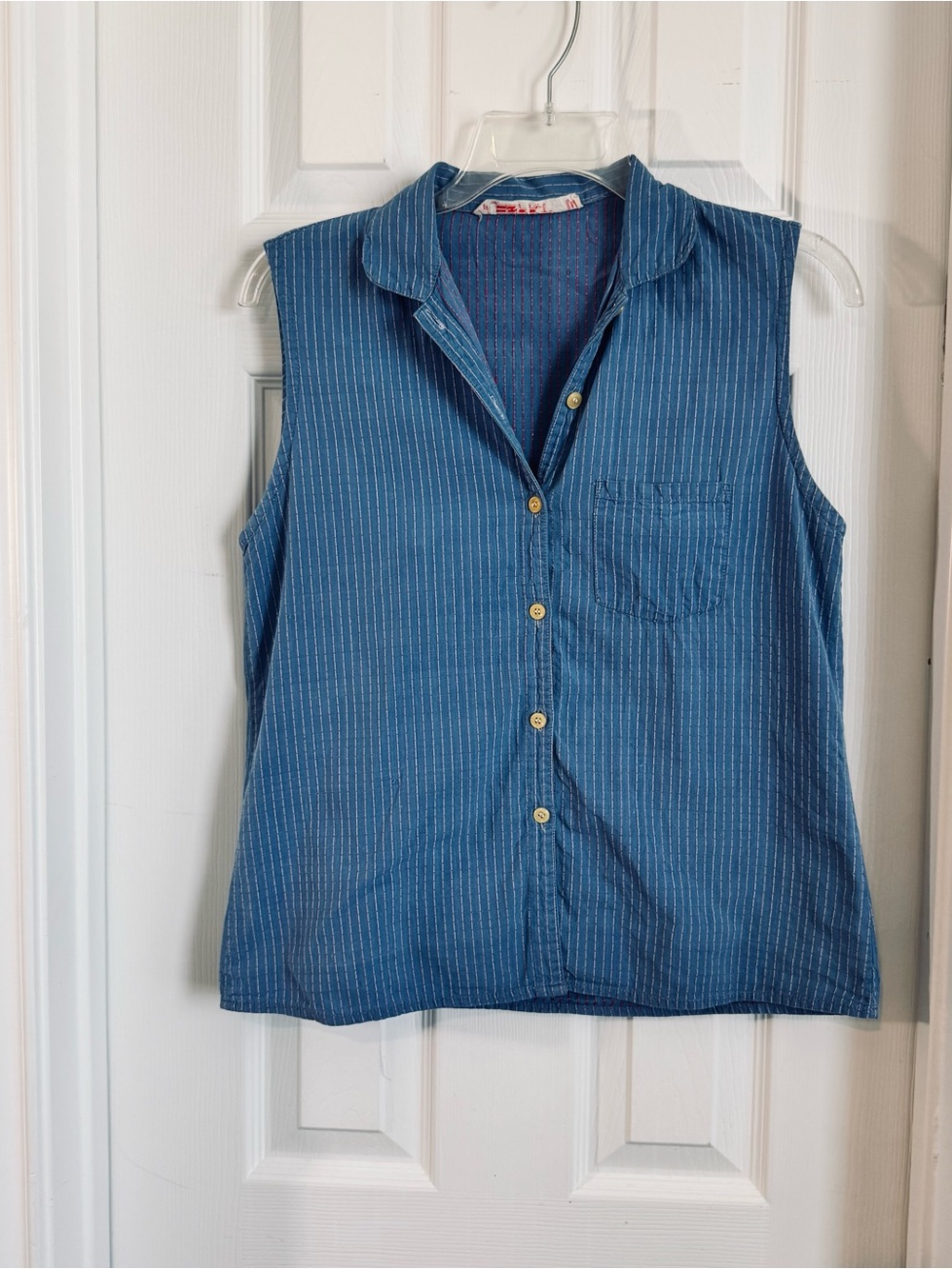 Sleeveless Blue Pinstripe Button-Front Women's Top - Picture 5 of 6